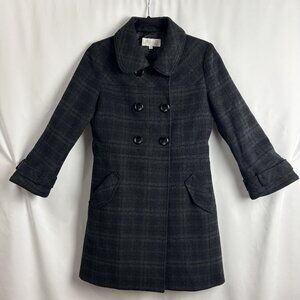 38 Gray Plaid Black Button Collared Long Sleeve Wool Lined Double Breasted Coat
